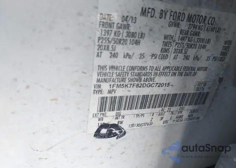 2013 Ford Explorer Limited z USA, uszkodzony, nr VIN 1FM5K7F82DGC72015